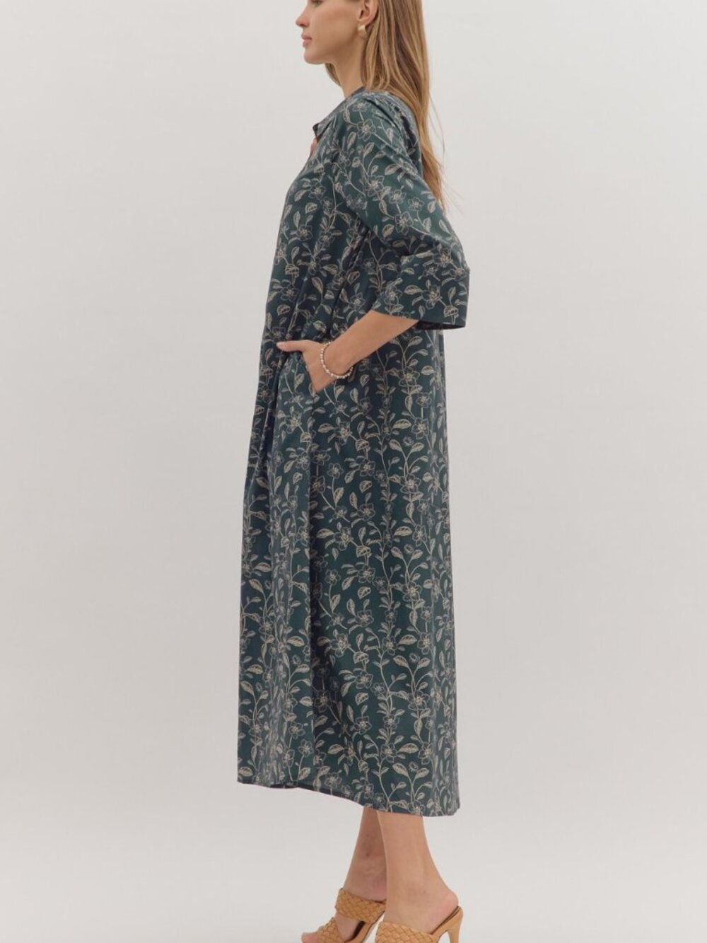 Entro NWT Navy Botanical Midi Shirt Dress Cottagecore L - Picture 3 of 9